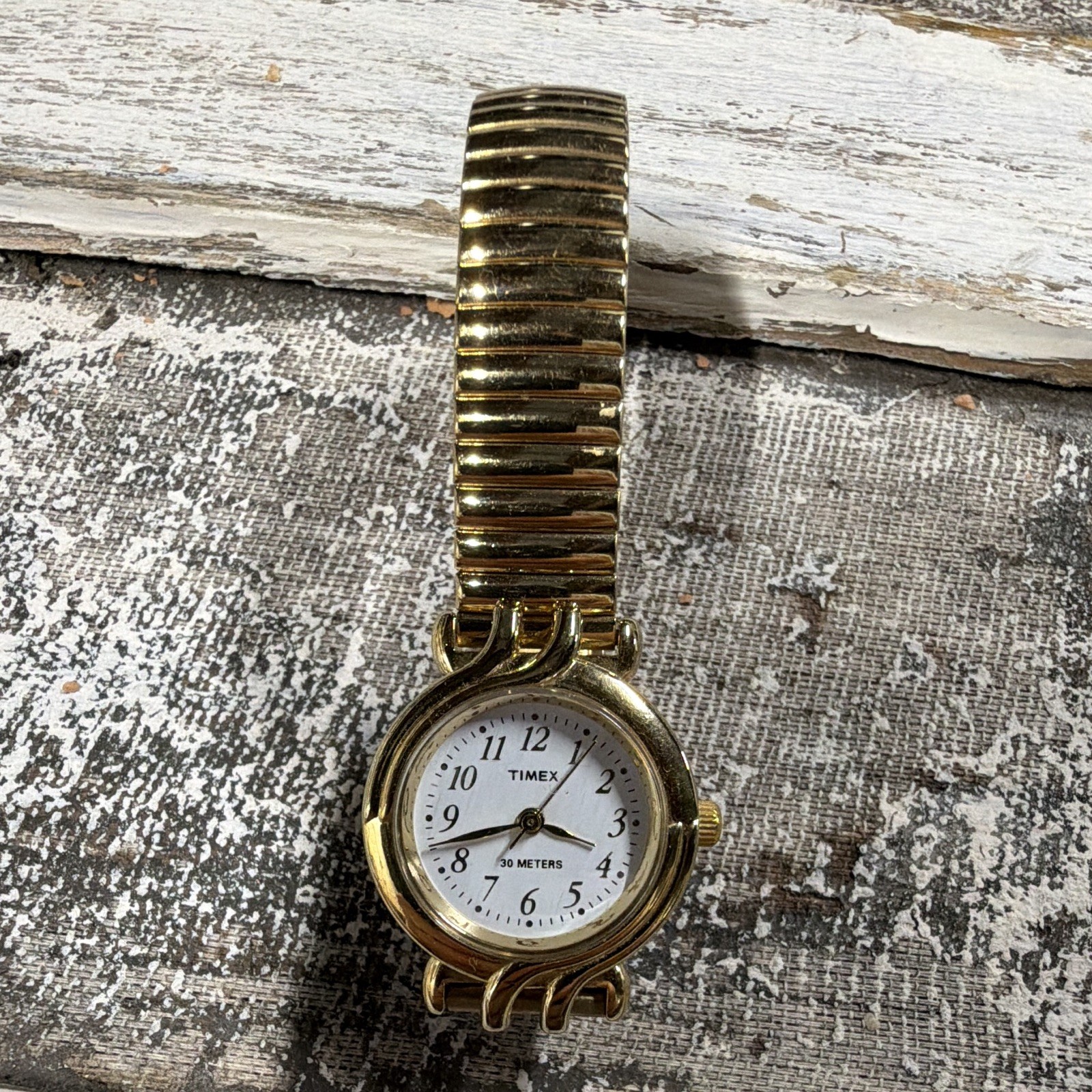 Timex Women’s Quartz Analog White Dial Gold Tone Expansion Band 30m Watch