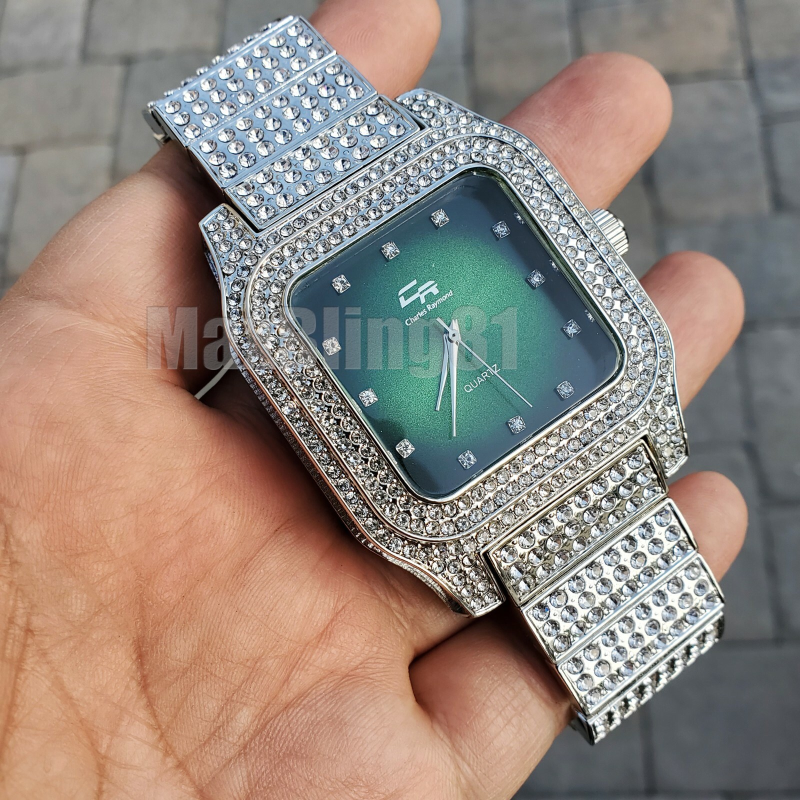 Luxury Iced White Gold Plated Blue Green Red Dial Square Lab Diamond Metal Watch