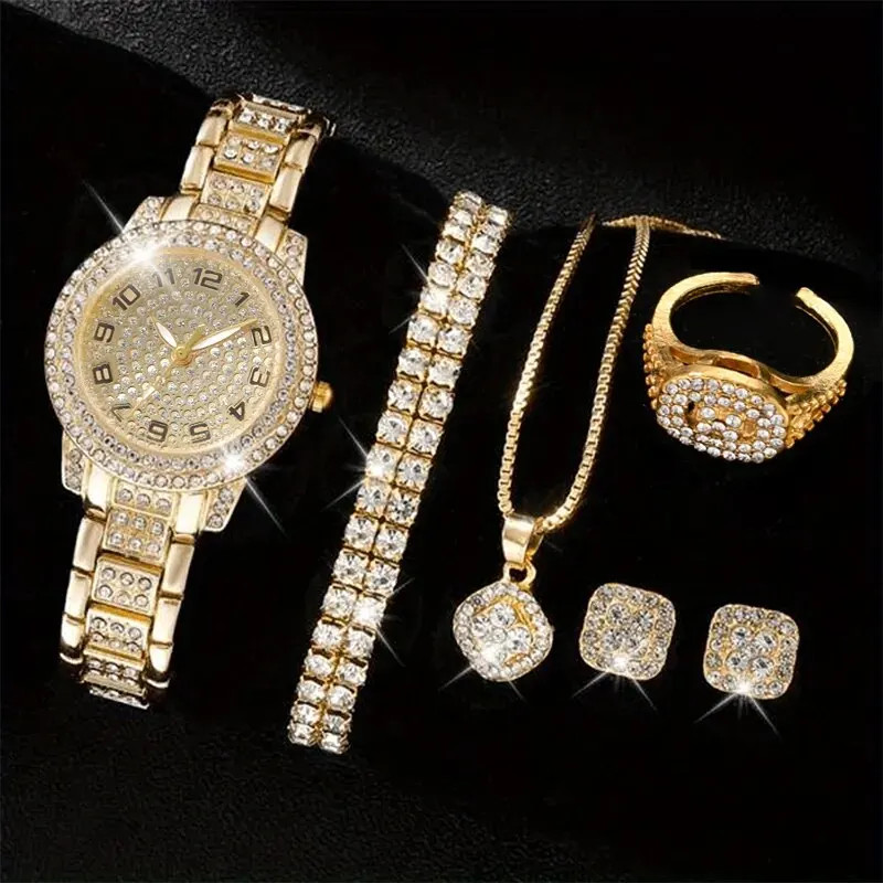 6PCS Women’s Luxury Quartz Watch Set Alloy Rhinestone Bracelet Gift Watches