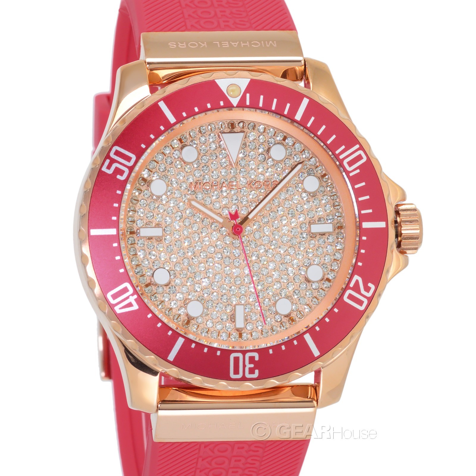Michael Kors Womens Oversize Everest Pave Crystals Rose Gold Watch, Red Silicone