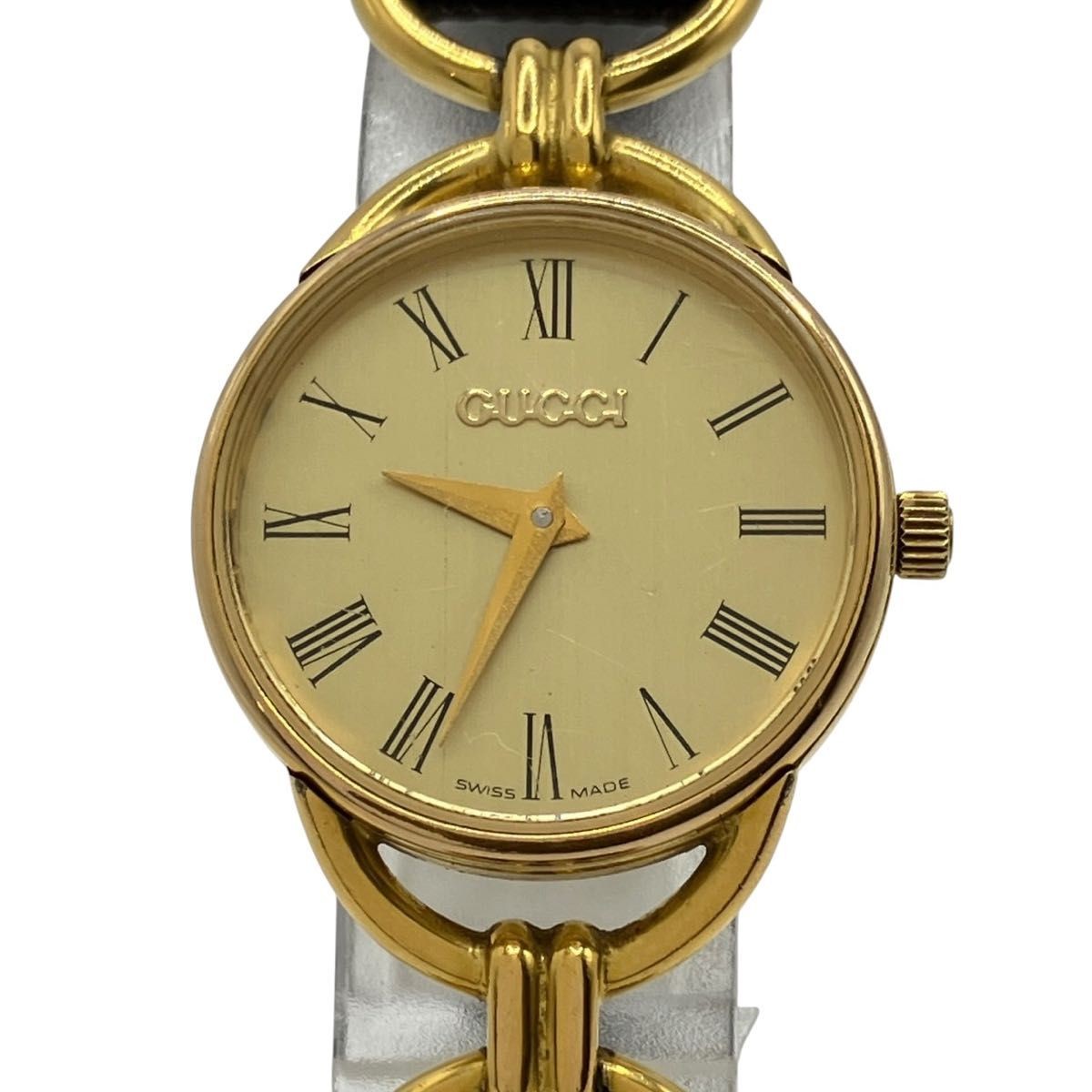Working GUCCI watch gold dial quartz leather belt 6000L