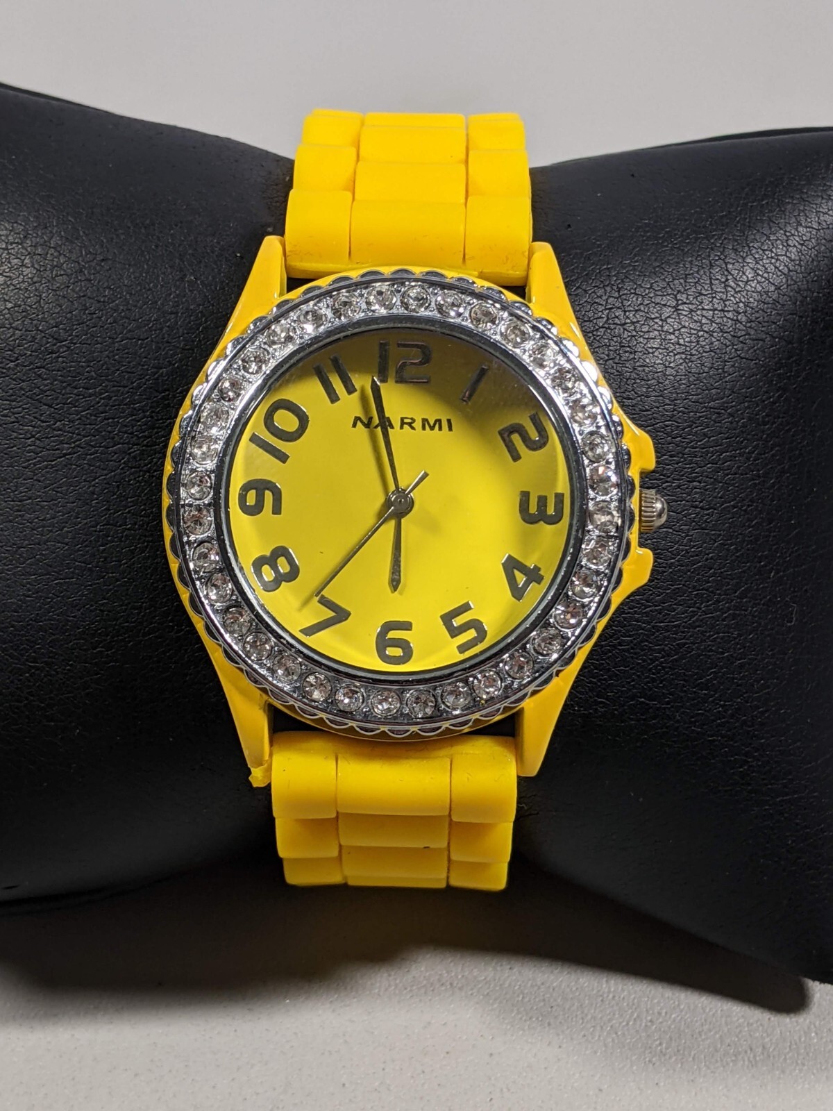 Narmi Yellow Dial Crystal Accent Bezel Round Case 38.8 mm Rubber Band Watch