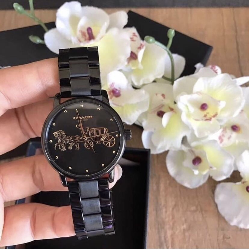 NWB 14502925 AUTHENTIC Coach BLACK Dial Watch Grand Stainless Steel LinkBracelet