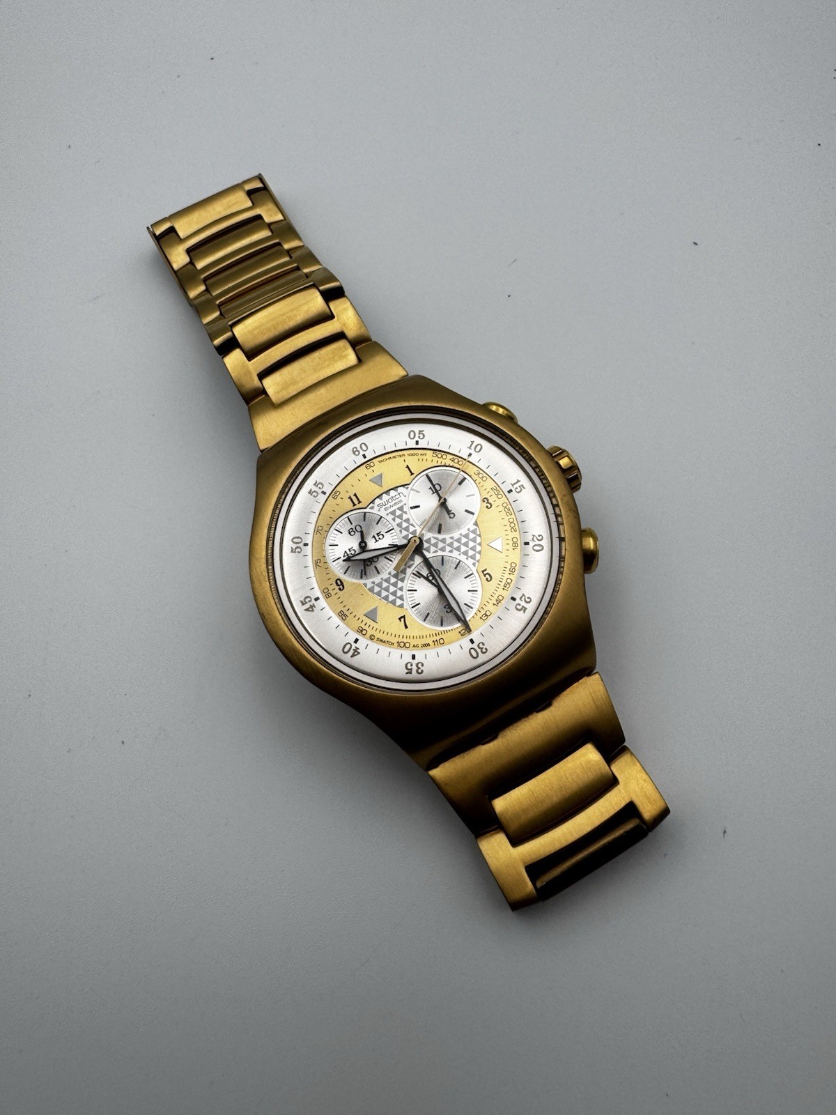 SWATCH IRONY GOLDEN CHEST 47mm Chronograph Wrist Watch YOG100G – Swiss Works