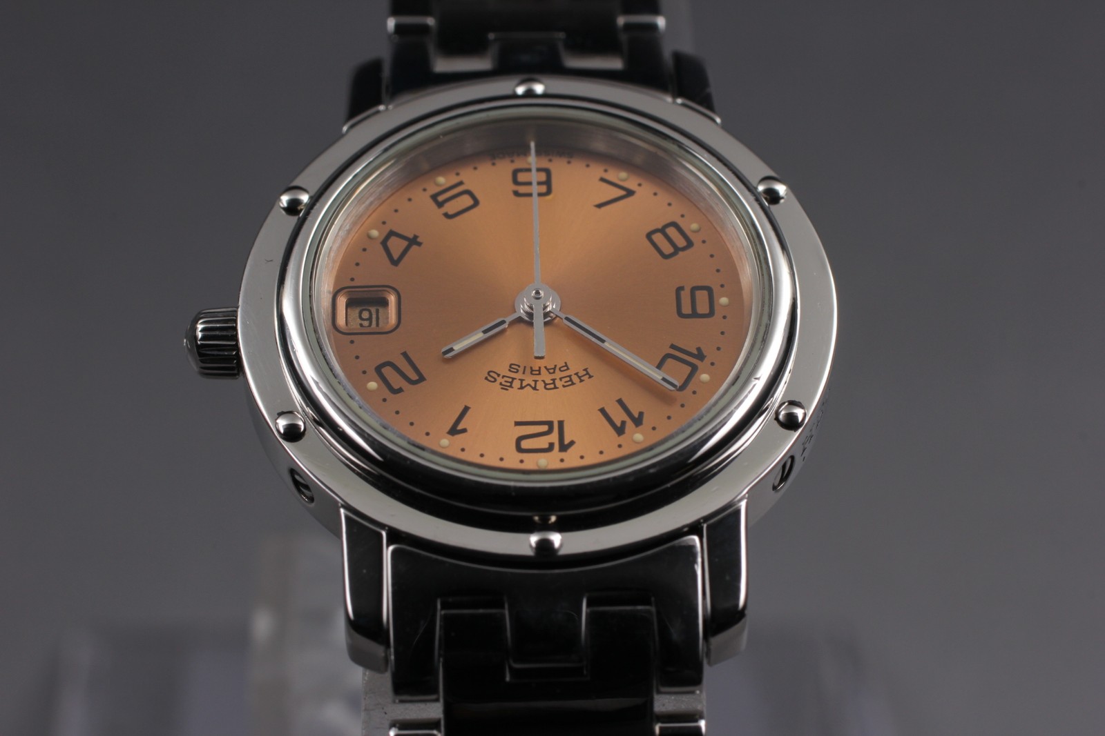 HERMES Clipper CL4.210 24mm Pink Gold Dial Silver Date Qz Vintage Women’s Watch