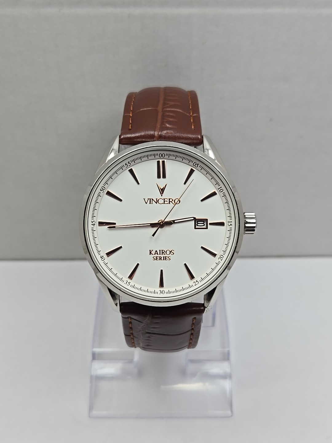 Mens Vincero Kairos 42MM Date Silver Watch Rose Gold Brown Leather New Battery