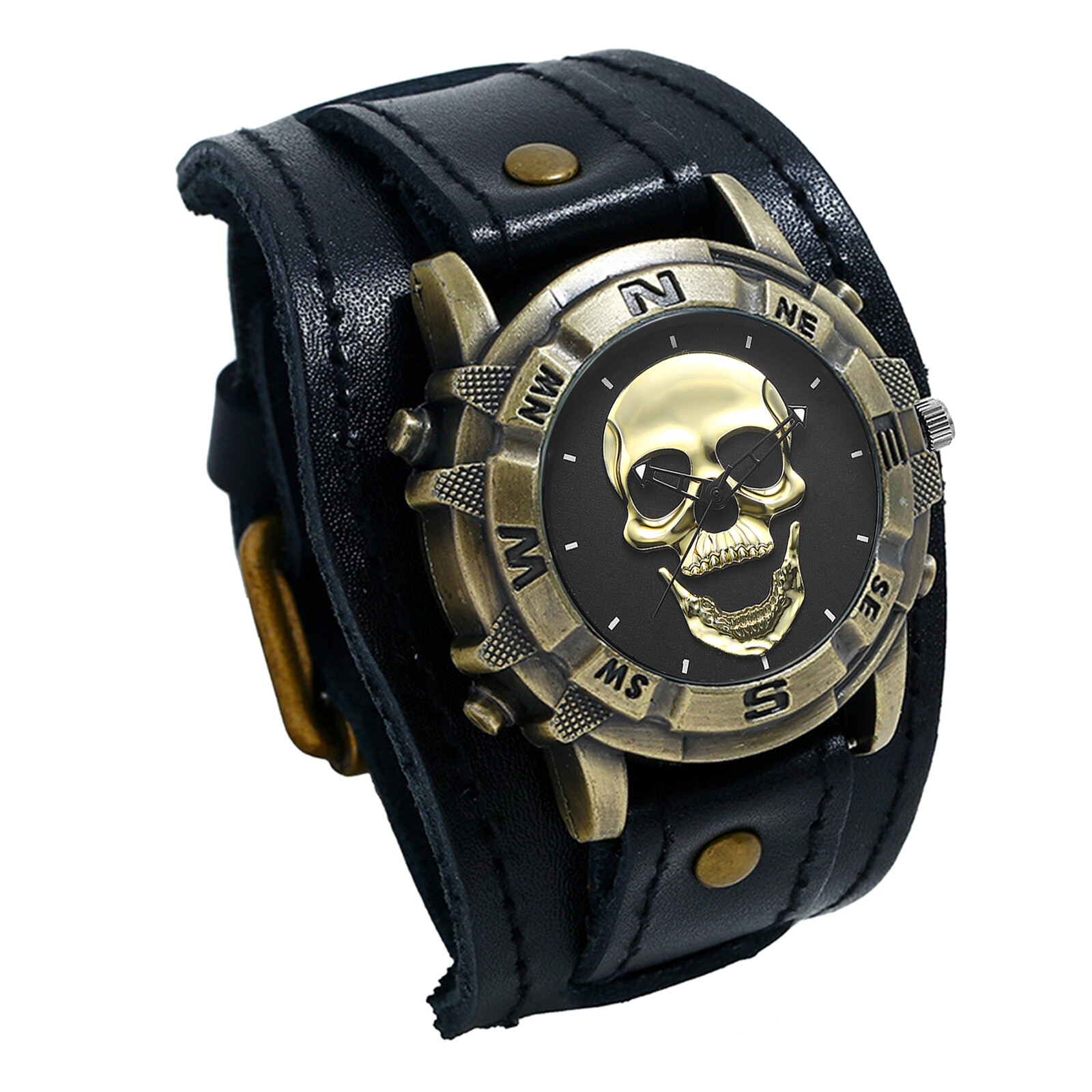 Men’s Biker Halloween Skull Decor Wide Wrist Watch Casual Geniune Leather Strap