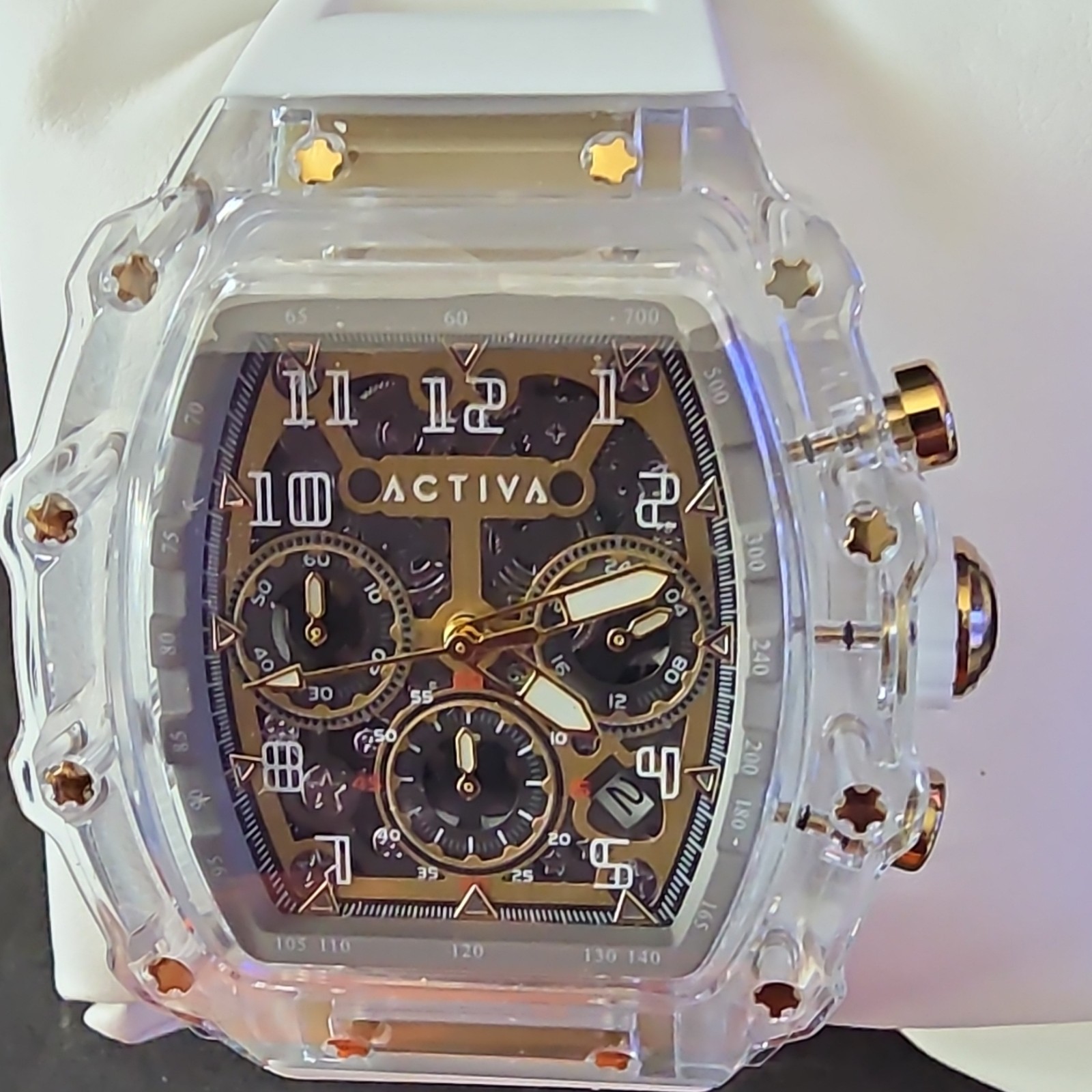 Activa Fury X Watch W/Skeleton Dial 44.3mm Black Face, Clear Case,White Strap