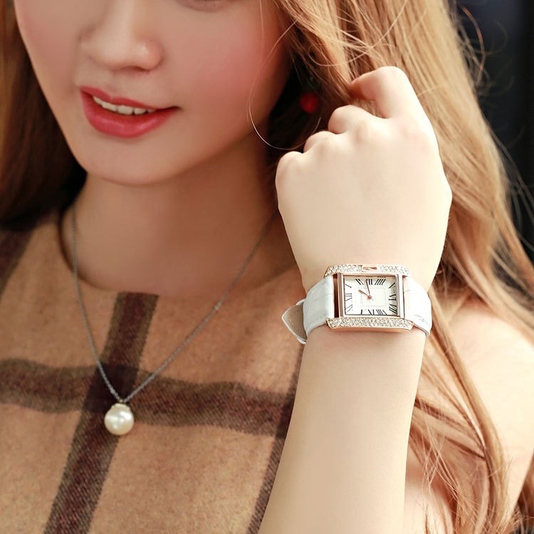 PU Leather Womens Classic Dress Rhinestone Rectangle Analog Quartz Wrist Watches
