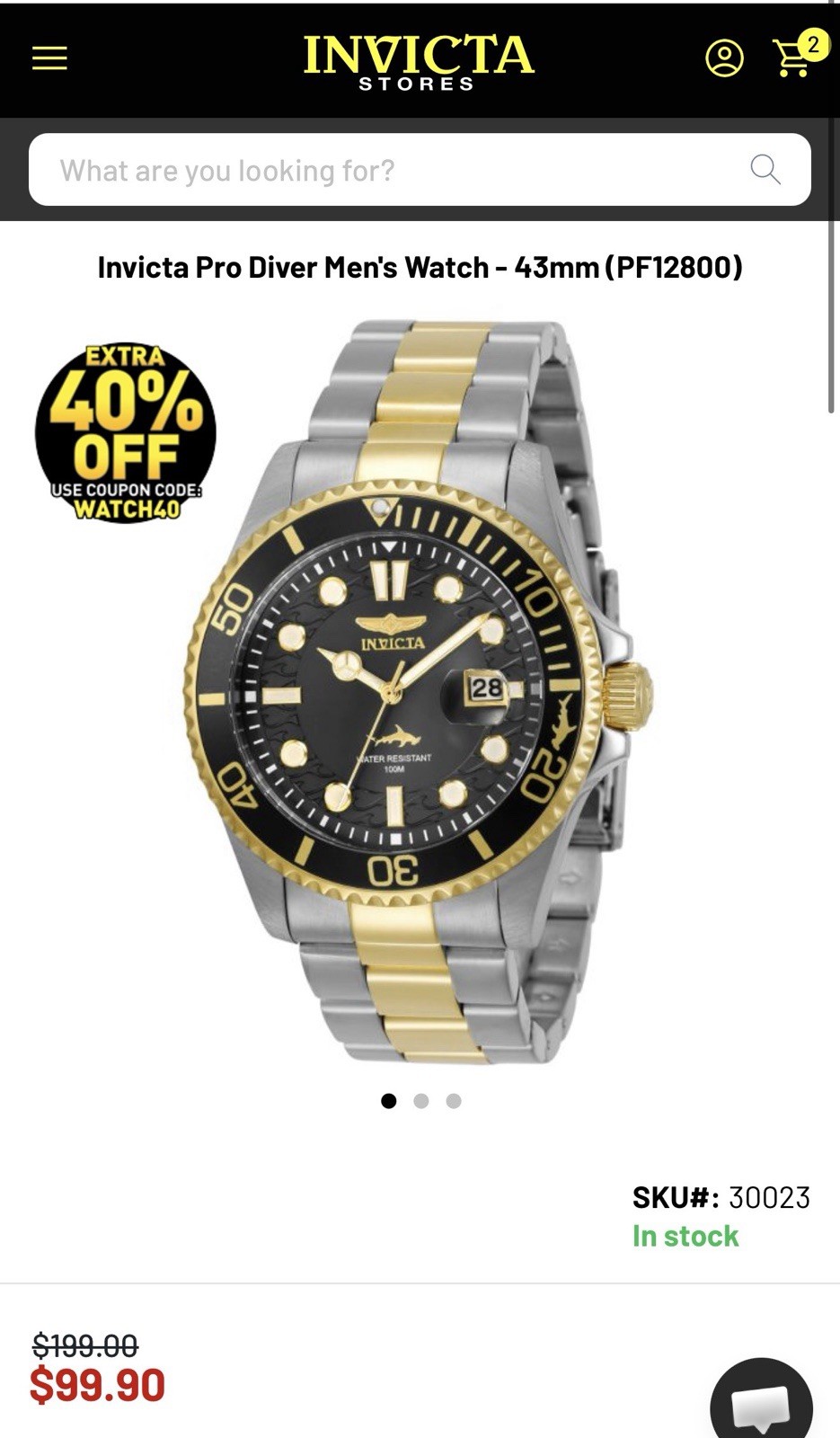 Invicta Pro Diver Men’s 43mm Stainless Steel Watch Two-Tone Black Dial 30023