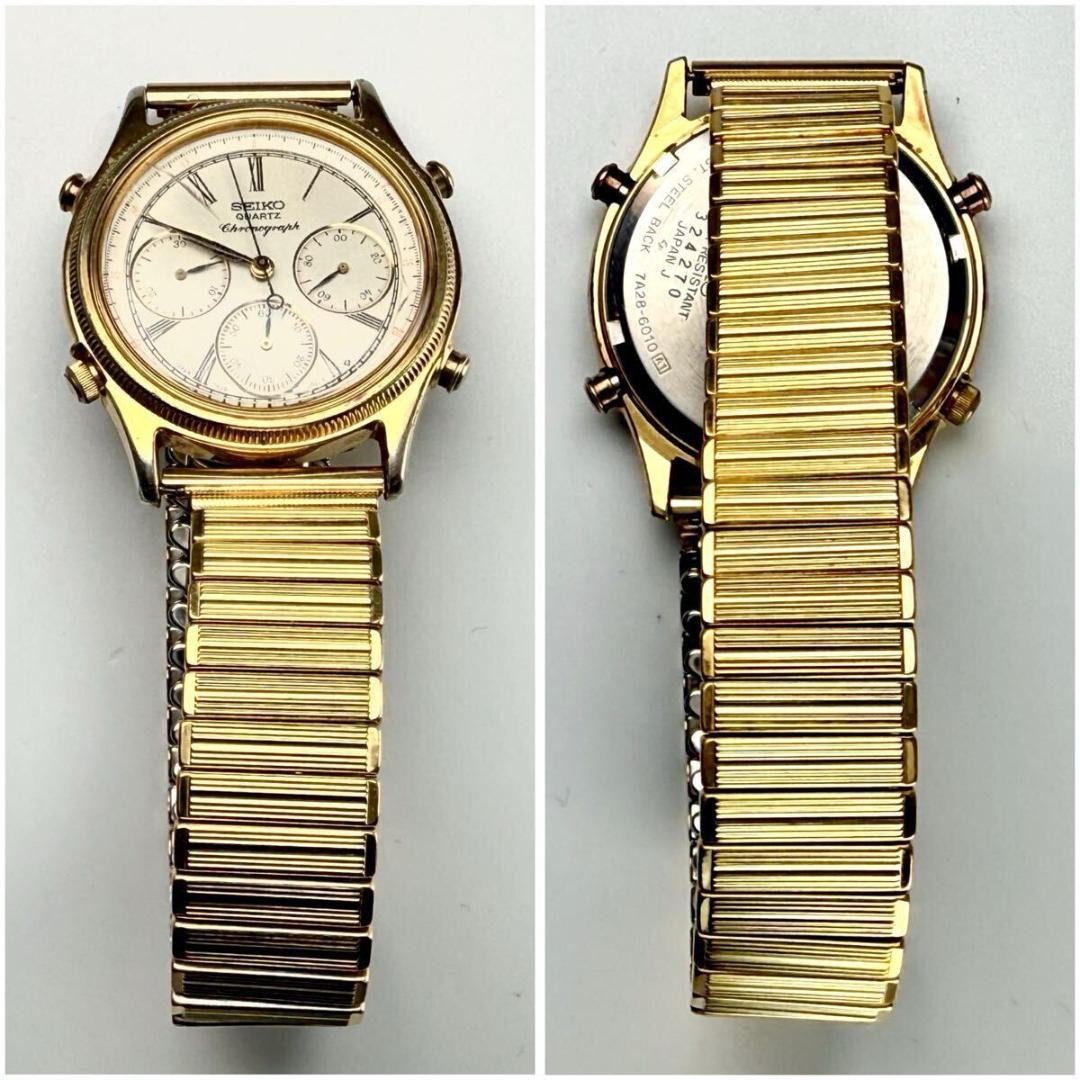 Seiko 7A28 6010 Chronograph Quartz White Dial Gold Mens Watch Auth