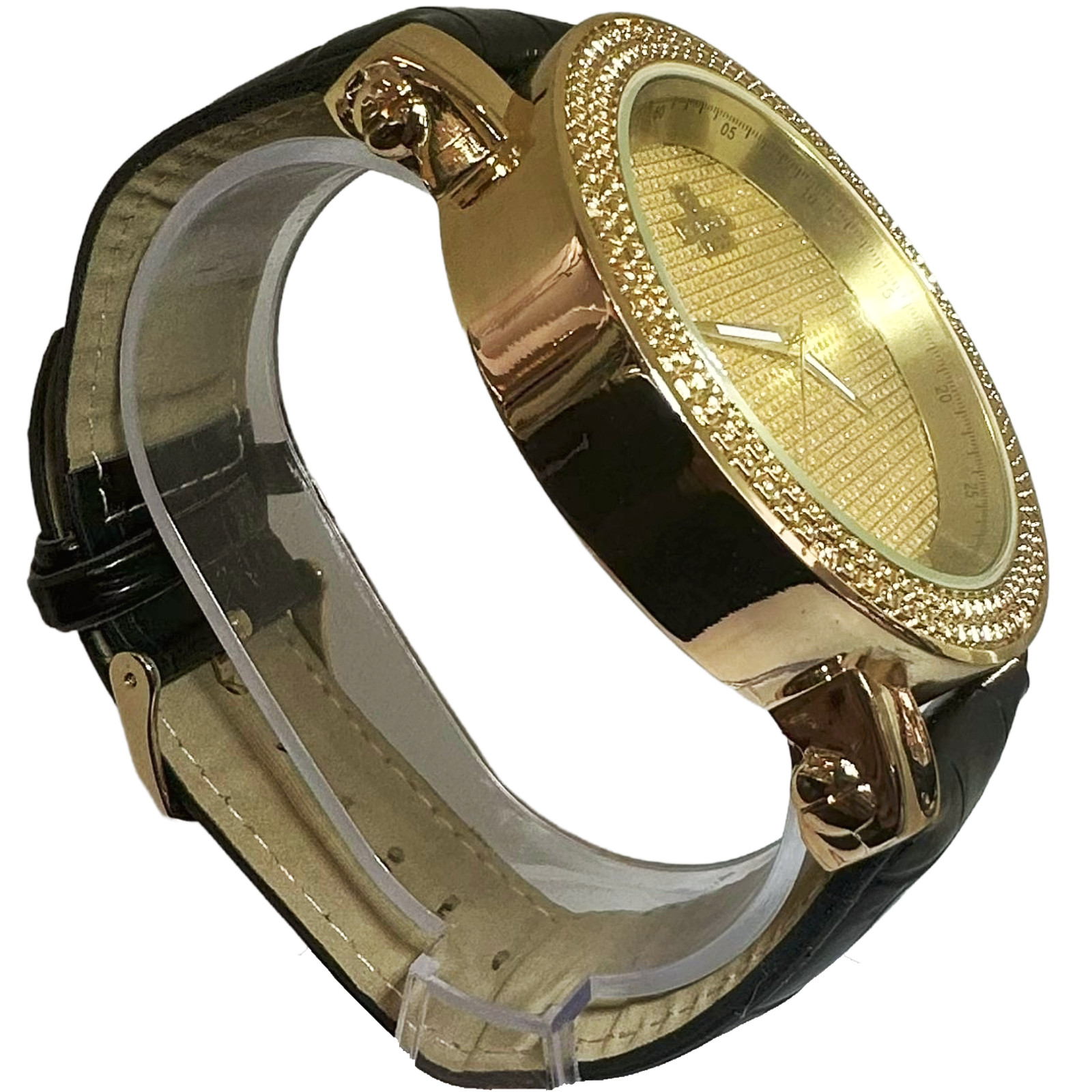 Luxury Gold Tone Men’s Diamond Watch, 18K Micron Finish ,Japan Movement Leather