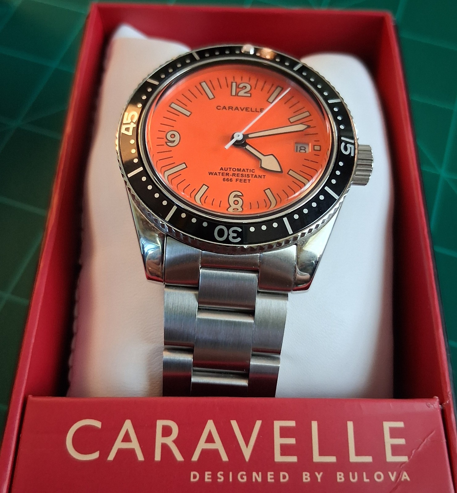 Orange Caravelle Sea Hunter “Devil Diver” by Bulova Automatic Reissue 39mm Watch