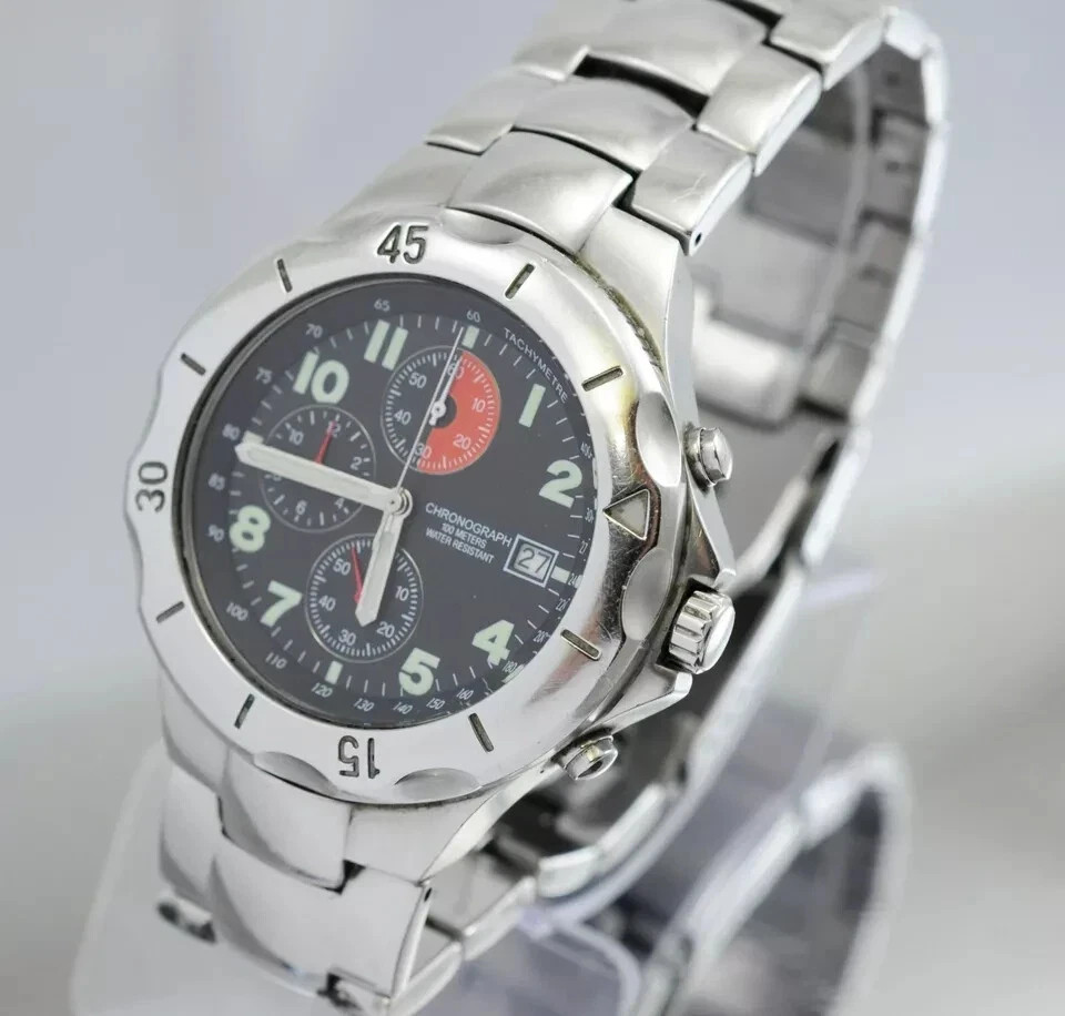 CHRONOGRAPH WATCH DIVER 100M QUARTZ DATE MENS 40mm Stainless Steel