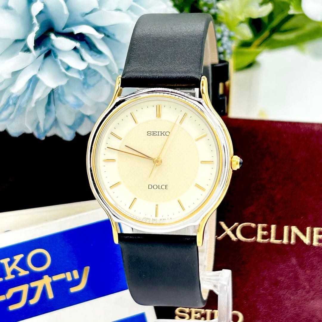 Seiko Dolce 5E31-6D60 Quartz Watch Gold White Black Battery