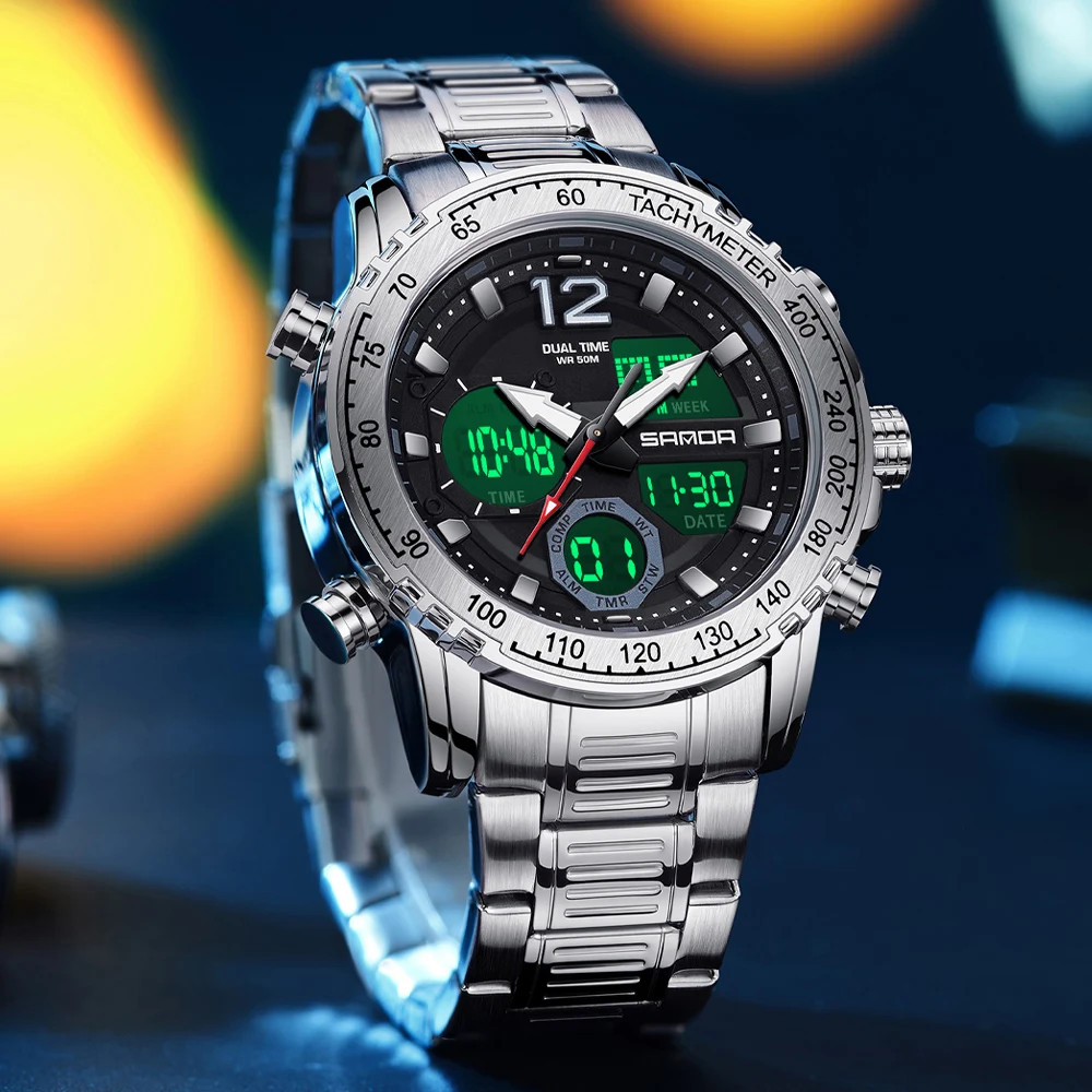 Men’s Chronograph Quartz Watch Digital Analog Steel Sport Watch