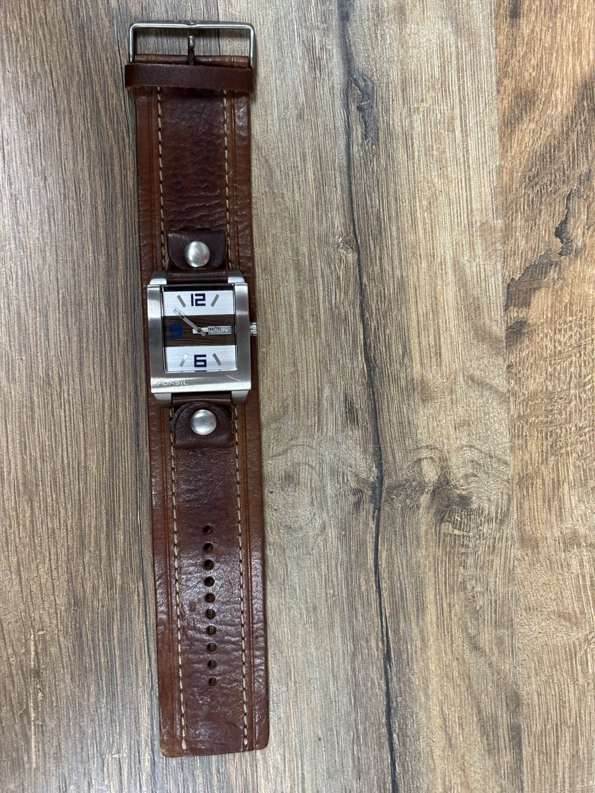 Fossil Watch Men Silver Tone Rectangle Date Retro JR-9483 Leather