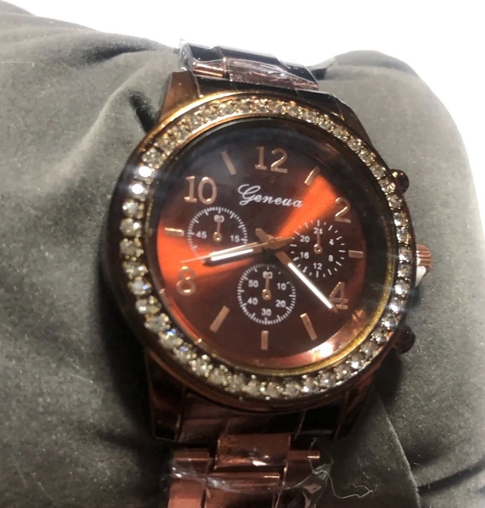 Women Crystal Bezel Brown Chain Link Quartz Watch Metallic Bronze NEW +FREE GIFT