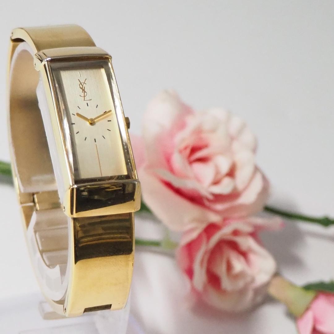 Yves Saint Laurent Square Bangle Quartz Watch Gold 30mm Wrist 16cm 6.3in Running