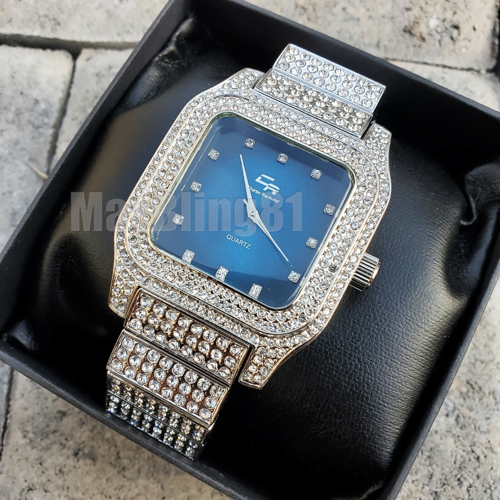 Luxury Iced White Gold Plated Blue Green Red Dial Square Lab Diamond Metal Watch