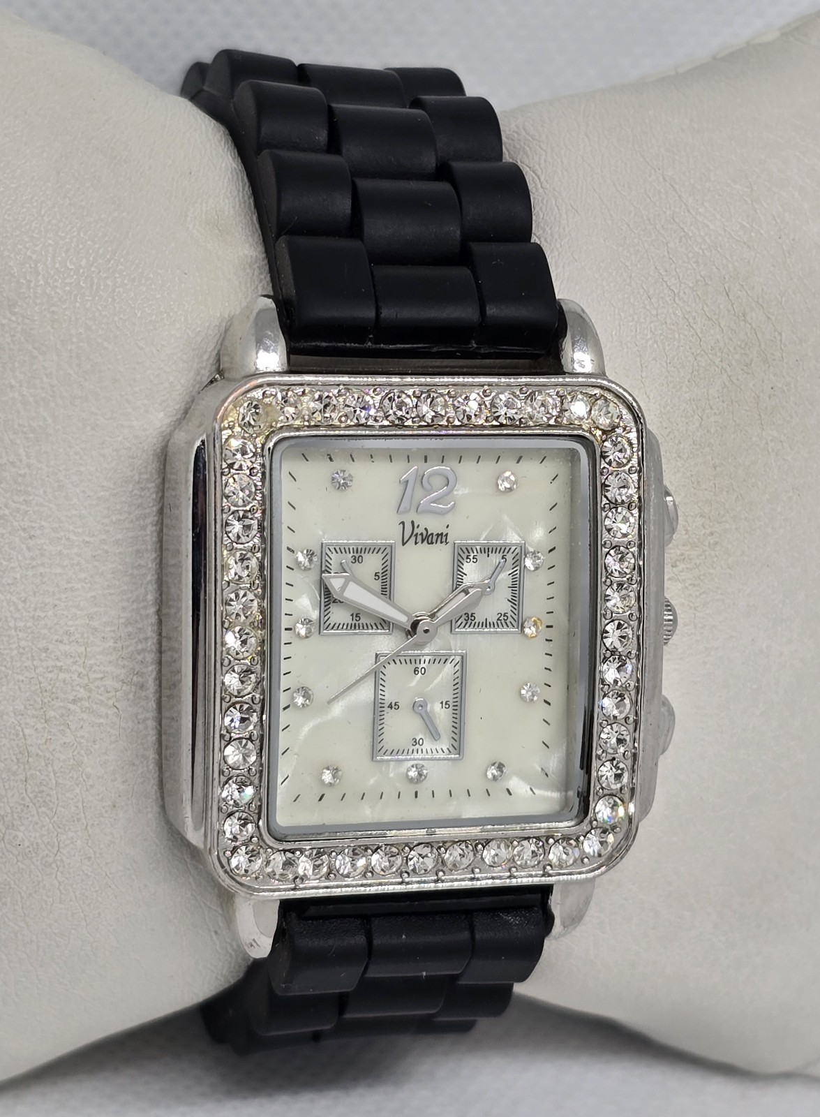 Women’s Vivani Rectangle Silver Tone Rhinestones Black Silicone Strap Watch 12