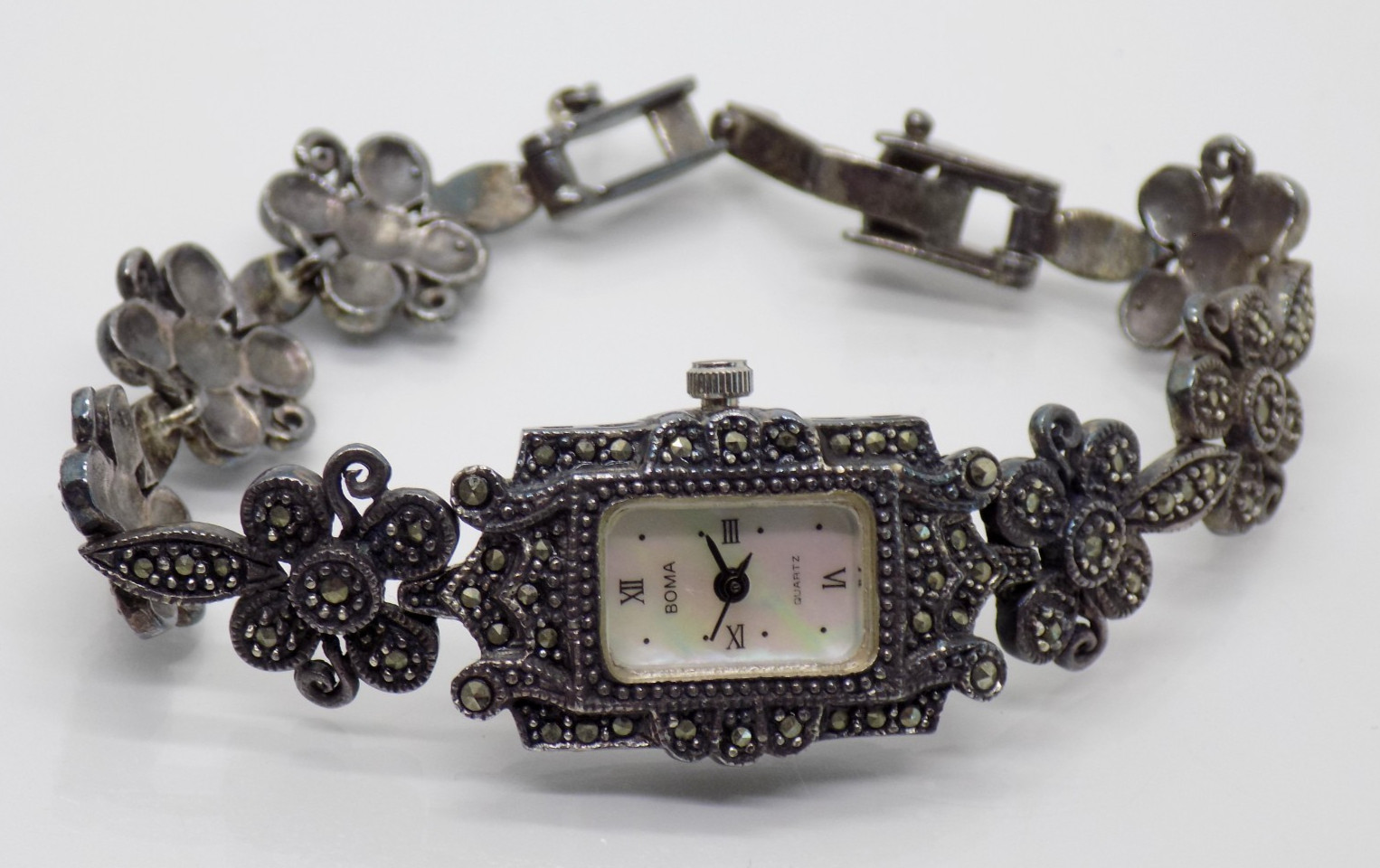 Boma Marcasite Quartz Watch and Bracelet Sterling Silver Vintage Set