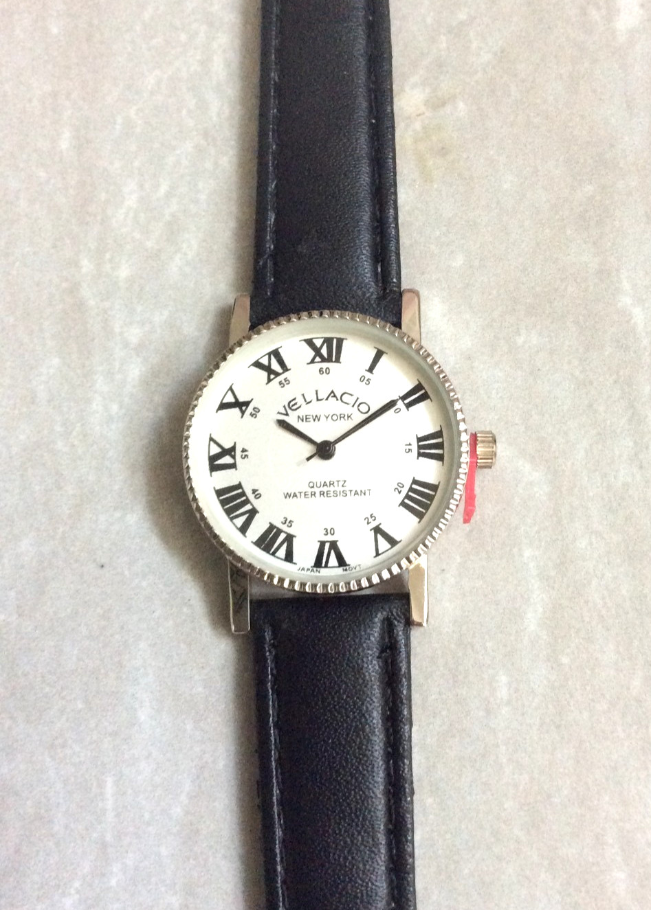 Vellacio Women’s Round Watch Silver Dial Roman Numerals Black Leather Band New!