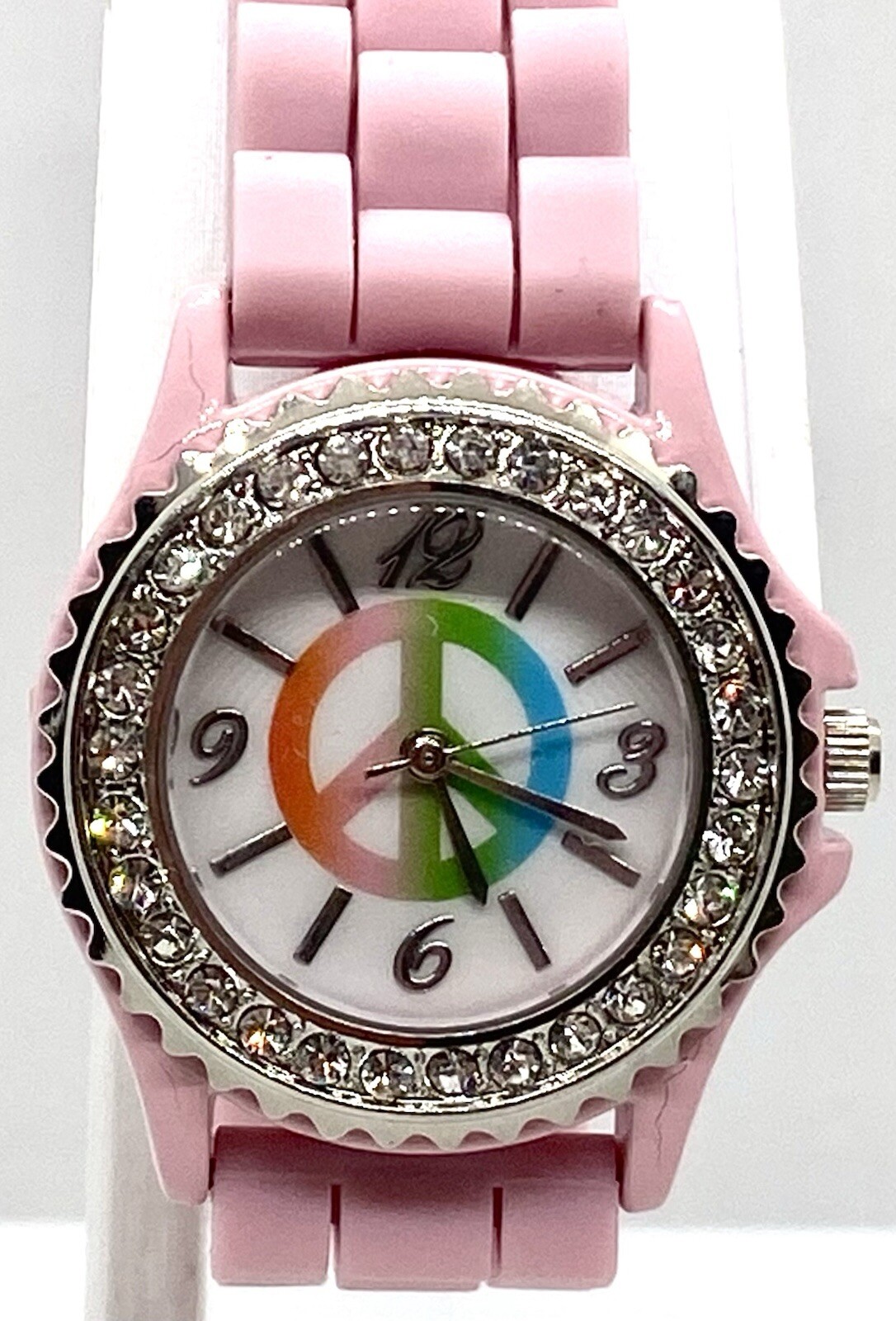 NEW Geneva Ladies Watch Fresh Battery Iced Dial Rainbow Peace Sign Pink Strap