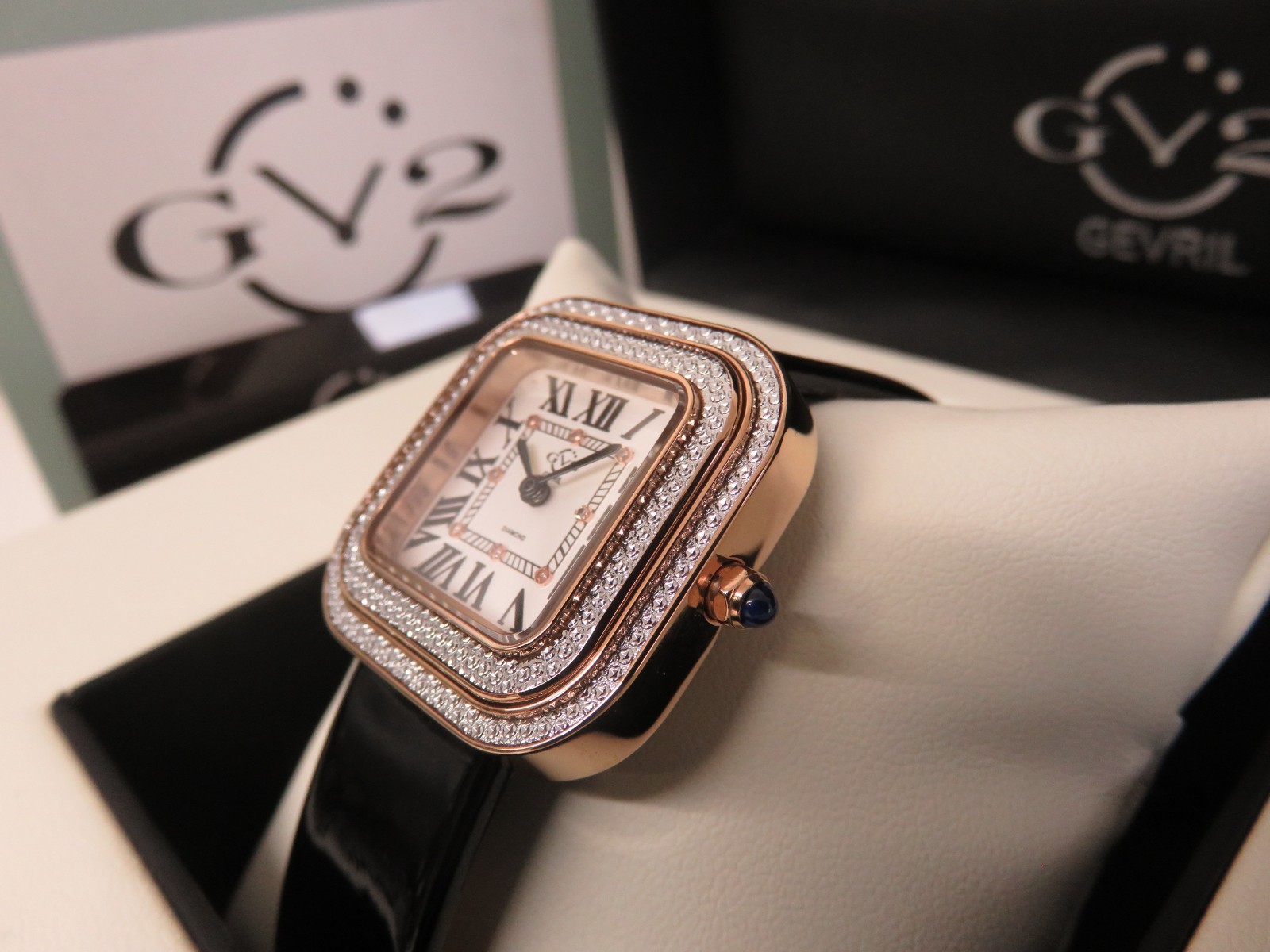 Gv2 By Gevril Women’s 12131 Bellagio Swiss Mvmnt Diamond Black Leather Watch