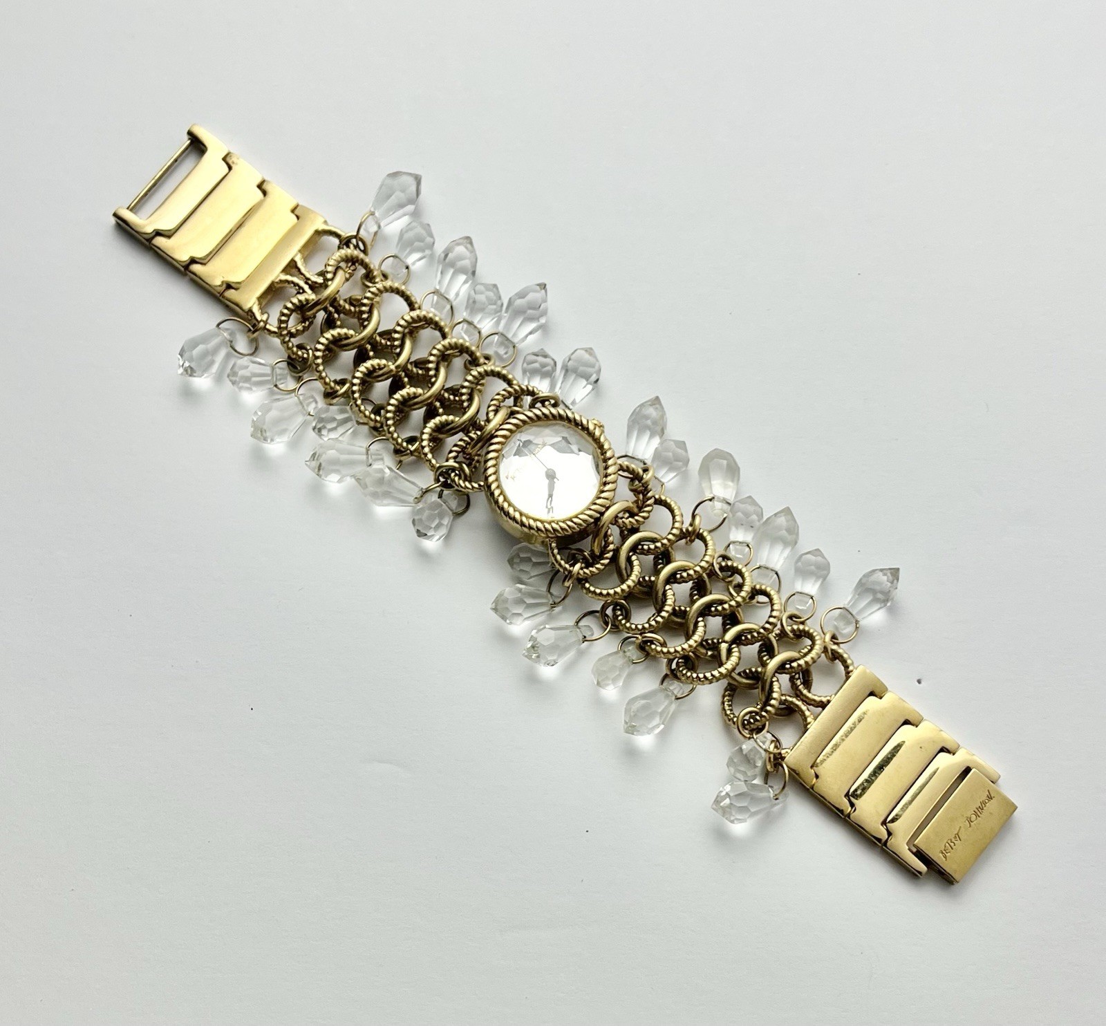 Betsey Johnson Watch Gold Tone Stainless Metal w/Faceted Hanging Crystals