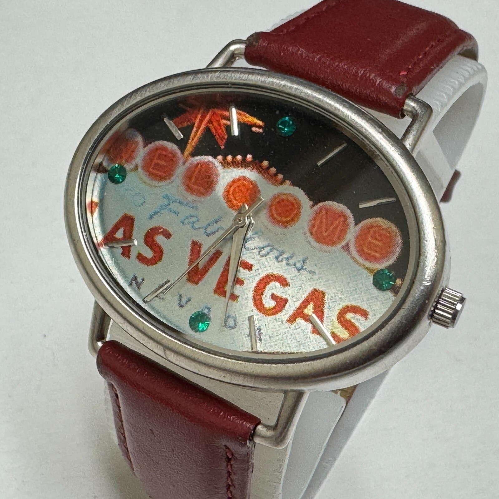 Vintage Welcome To Las Vegas Quartz Watch Men Silver Oval Japan Movt New Battery