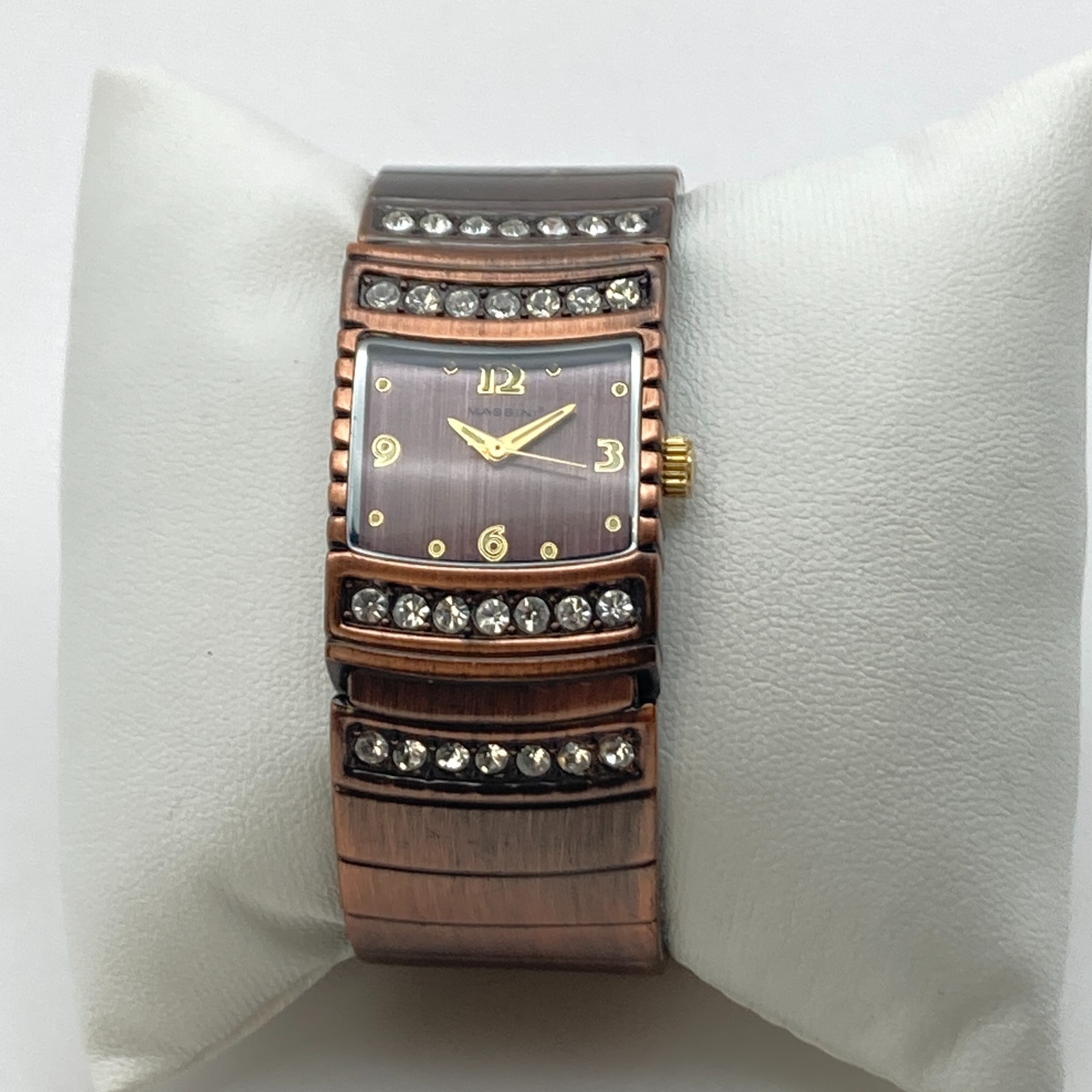 Massini Women’s Watch 24mm Copper Tone Cuff Crystals Bling New Battery 6.25″
