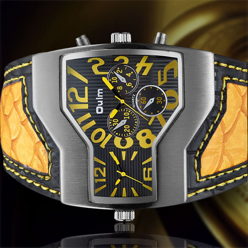 Oulm Men’s Sports Military Dual Time Zone Dial Yellow Leather Quartz Wrist Watch