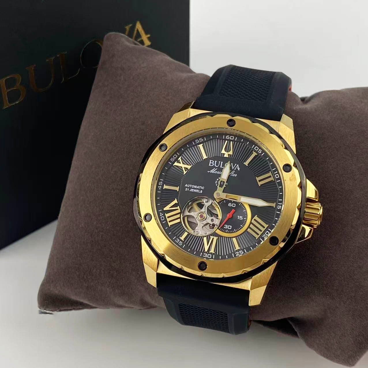 New Bulova Marine Star 98A272 Black Dial Silicone Strap Men’s Automatic Watch