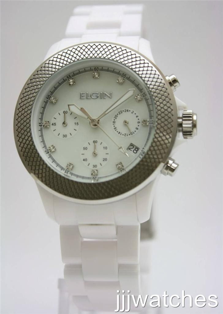 New Elgin Chrono White Acrylic band Pearl Dial Date Women Watch 40mm EG7040W