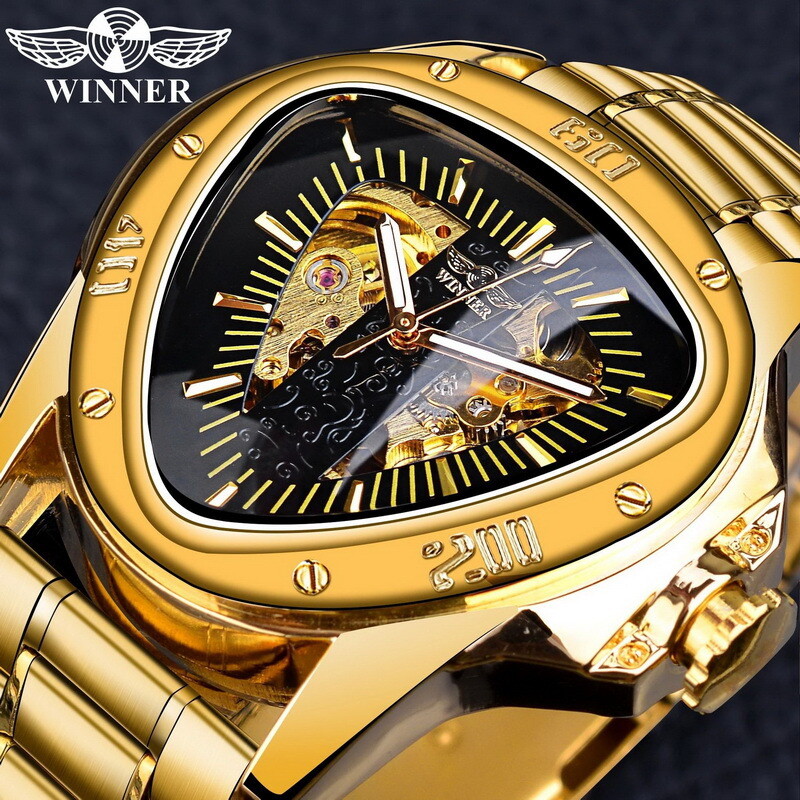 WINNER Mens Triangle Watch Steel Belt Skeleton Automatic Mechanical WristWatch