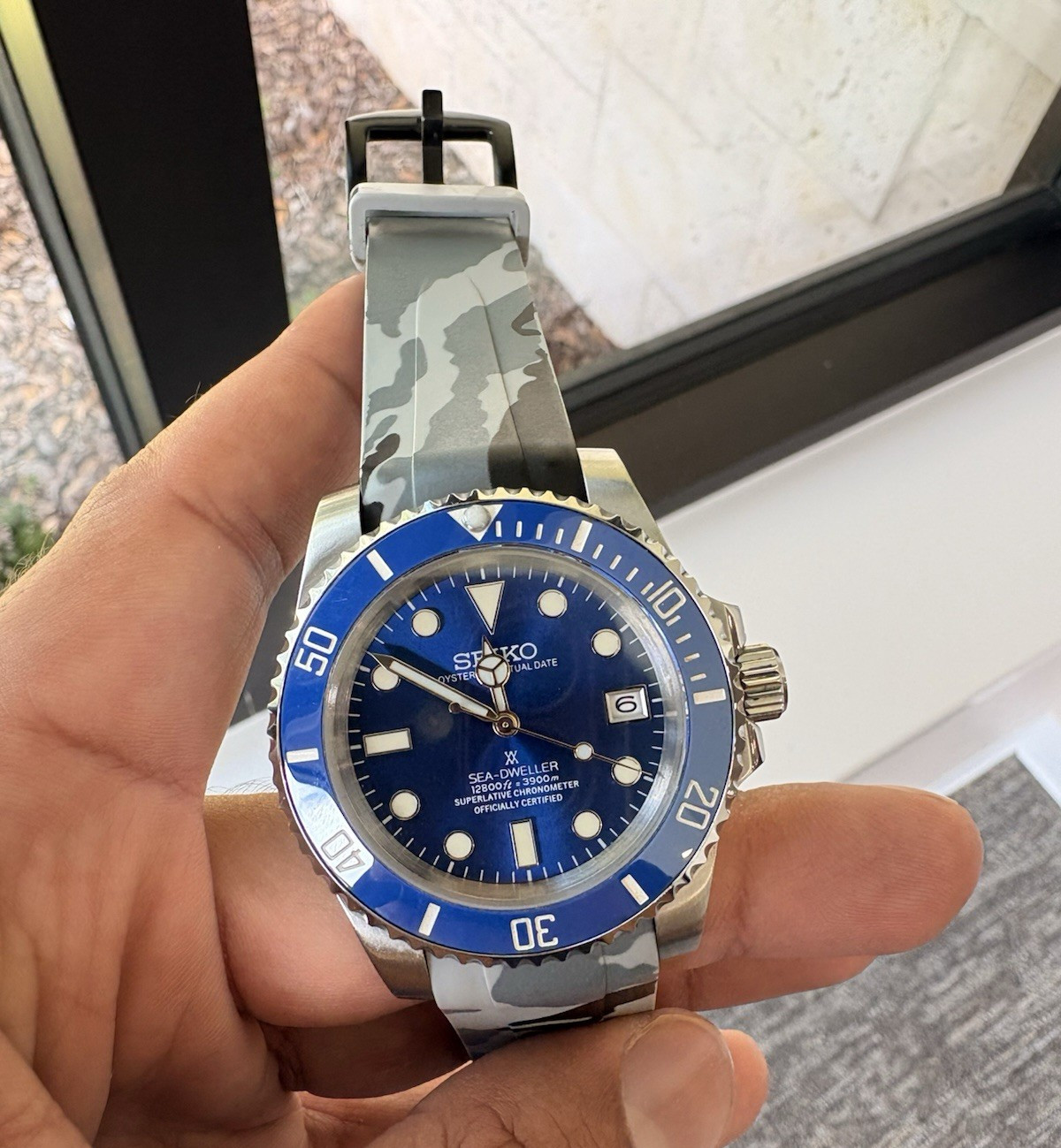Seiko Sea-Dweller Automatic Diver 40mm Blue Dial/Bezel Date Camo Strap
