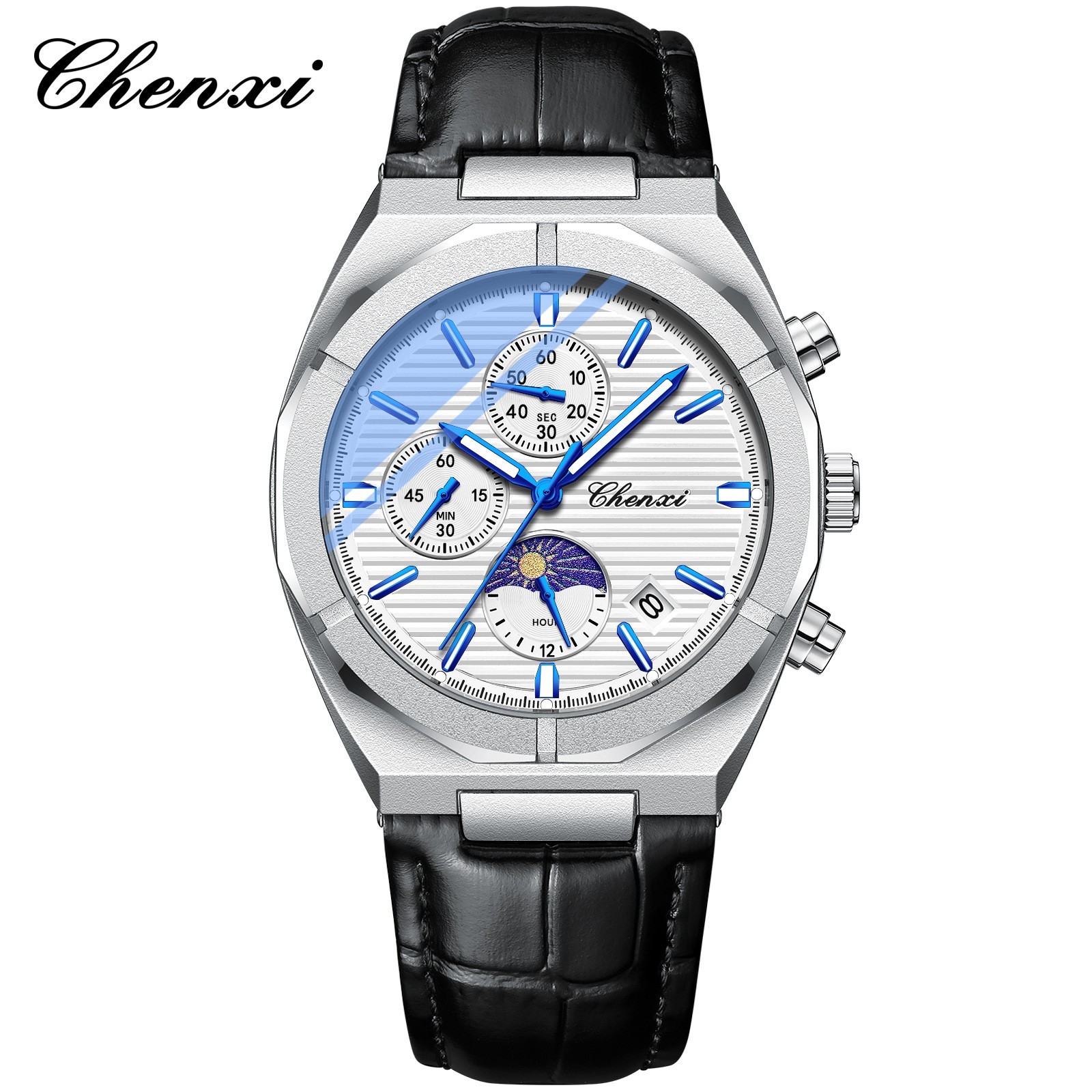 CHENXI Men’s Leather Chronograph Calendar Luminous Moon Phase Quartz Watch Gift