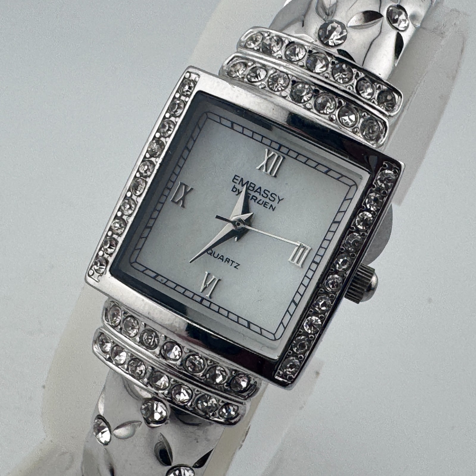 Embassy Gruen Quartz Watch Women Silver Square Rhinestone Cuff Bangle New Batter