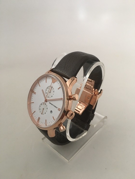 Emporio Armani AR1936 Mens Chronograph Date White Dial Brown Leather Strap Watch