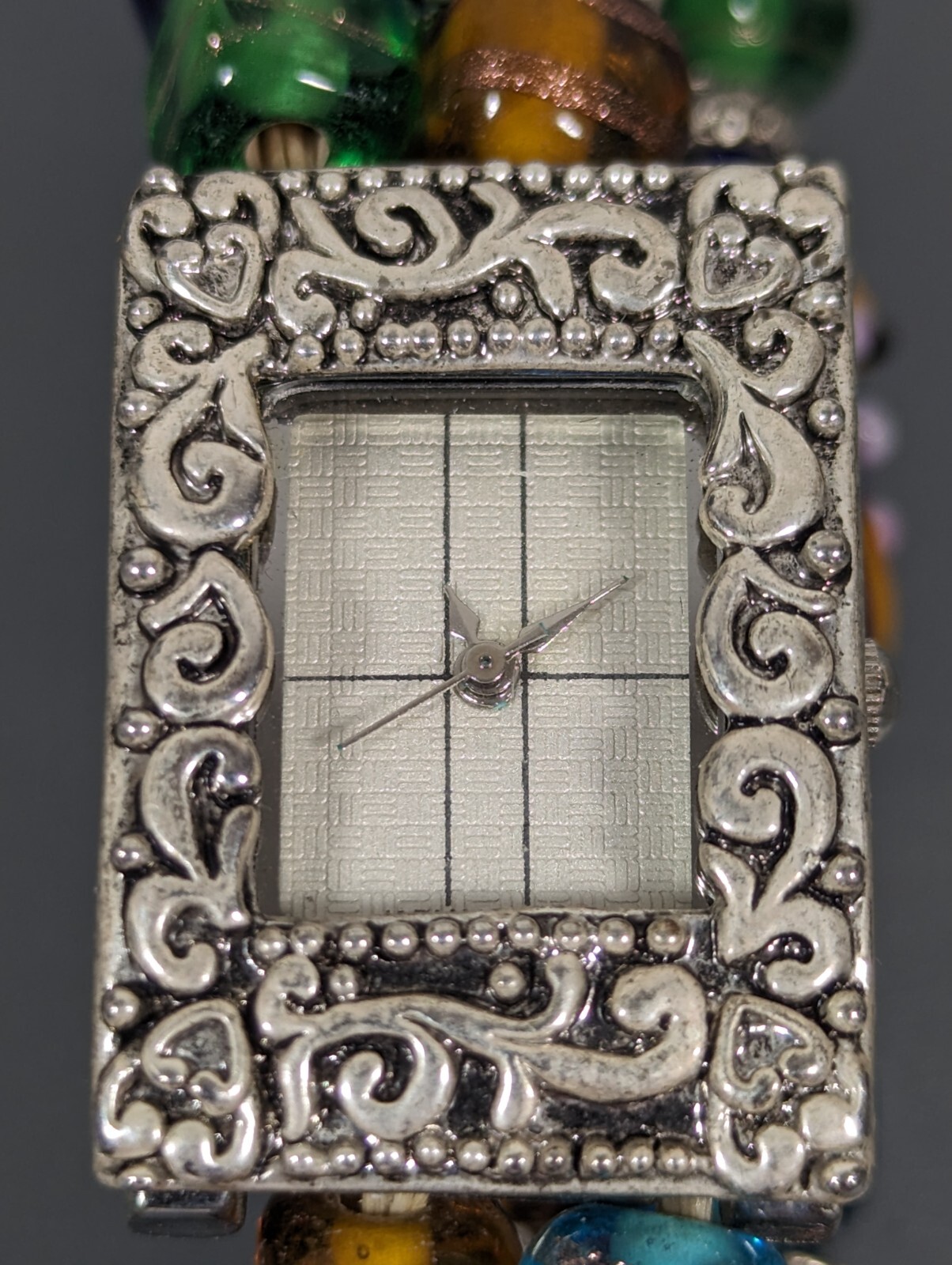 Silver Tone Dial Rectangle Case Colorful Art Glass Stretch Band Watch