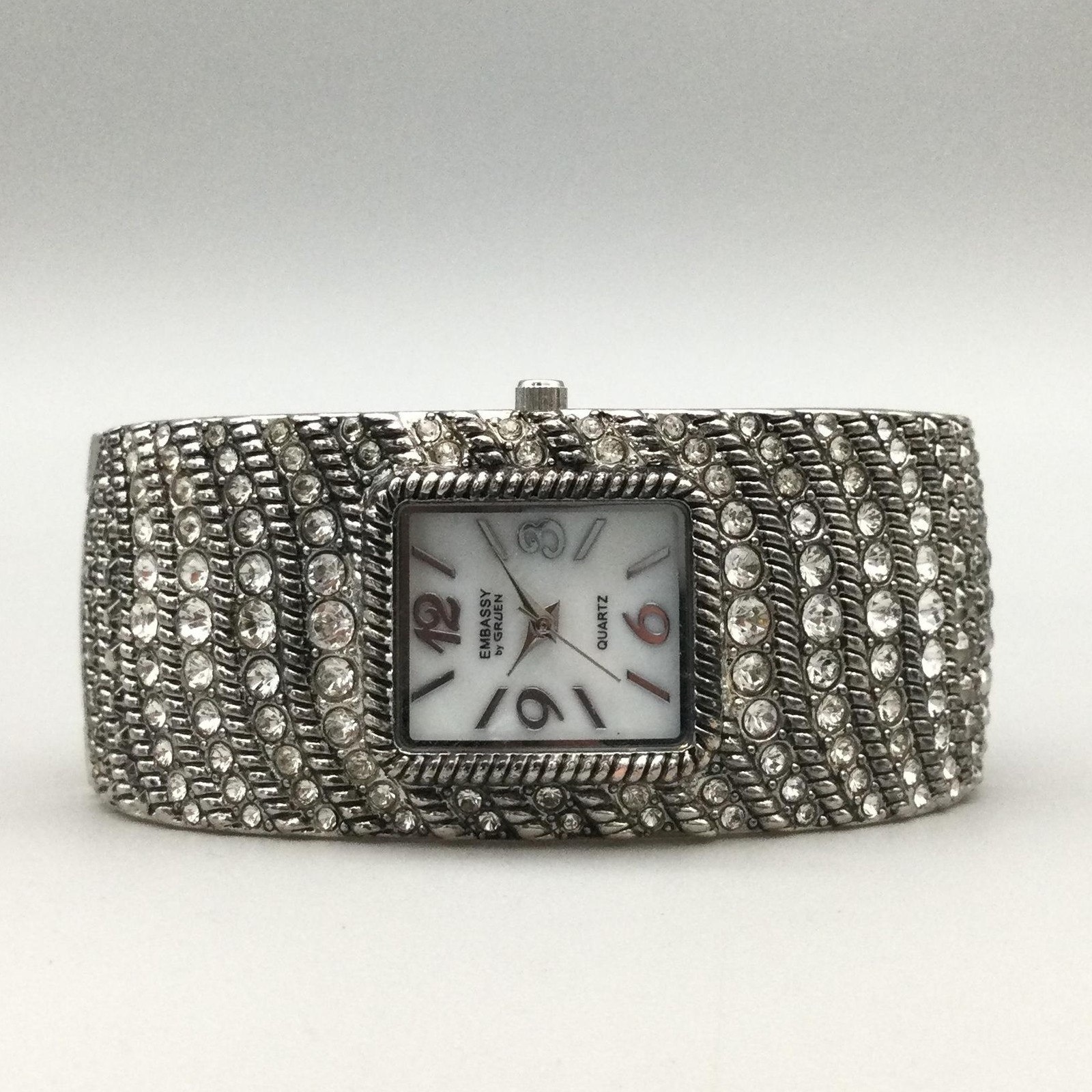 Embassy Gruen Womens Watch 28mm White MOP Dial Crystal Bangle New Battery 7.25″