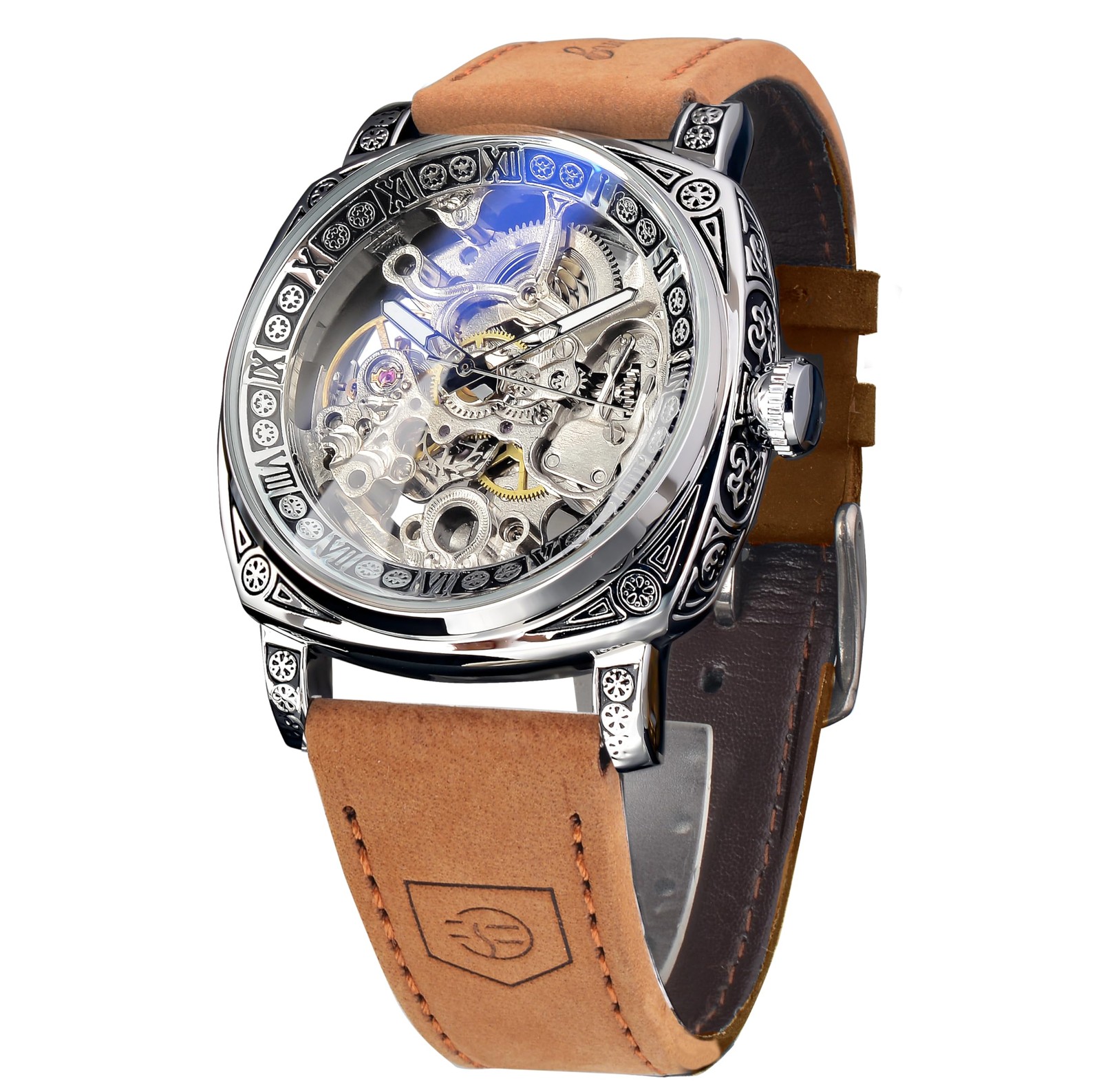 Watches for Man, Square Retro Mechanical Watch Self-Wind Carved, Skeleton Aut…