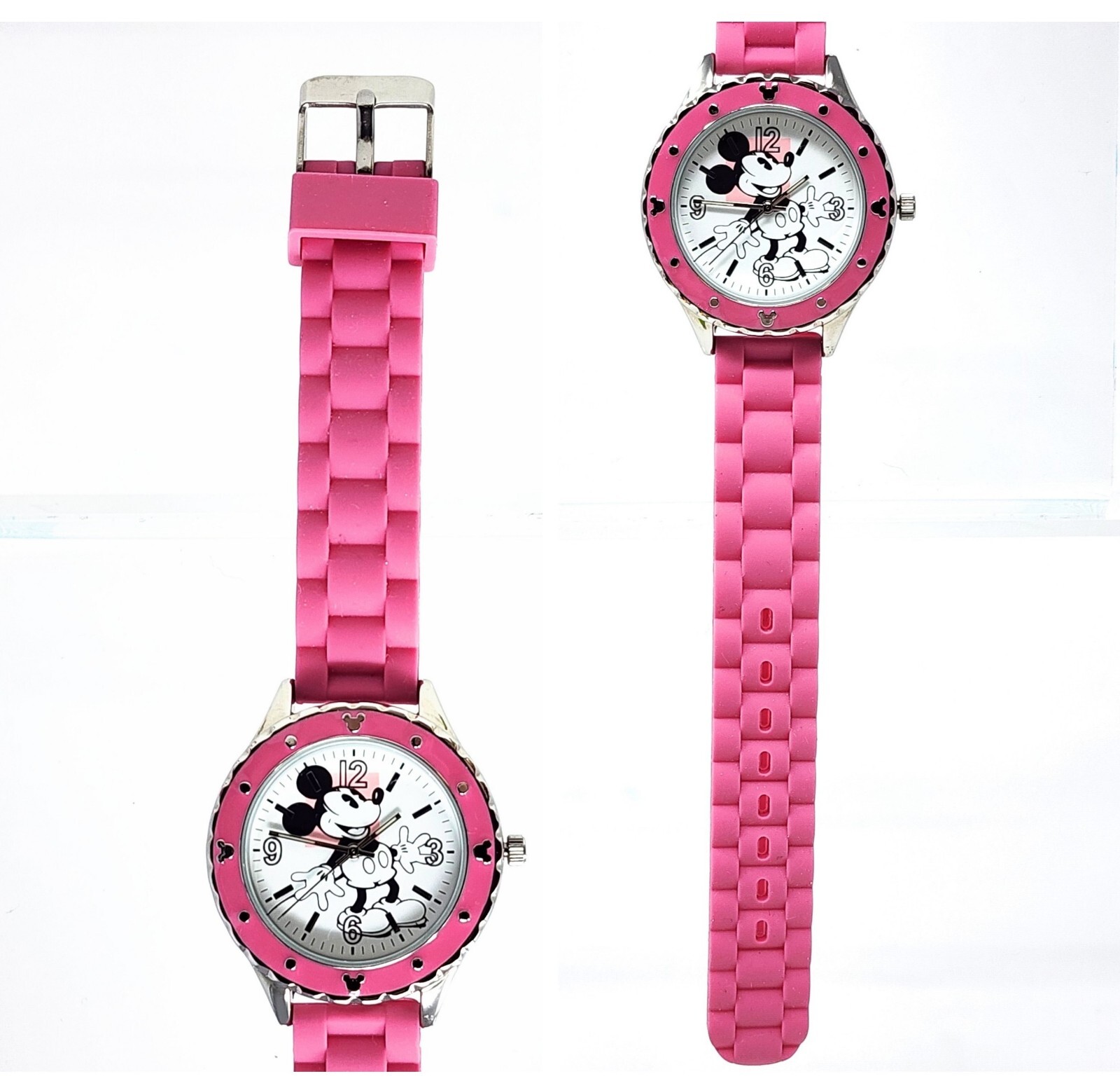 Disney Parks MICKEY MOUSE Adult Size PINK BAND Silver & Pink Case Watch Working
