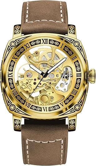 GLENAW Men’s carved automatic watches retro tattoo skeleton for daily wear