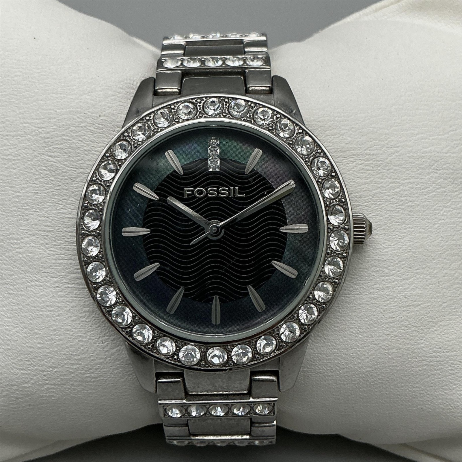 Fossil Jessie ES-2139 Womens Watch 34mm Black MOP Crystal Bezel New Battery 6.5″