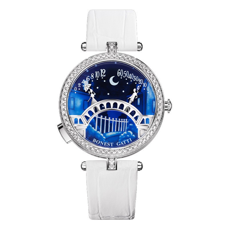 BONEST GATTI Women’s Diamond 3D Midnight Romantic Lover’s Bridge Quartz Watch