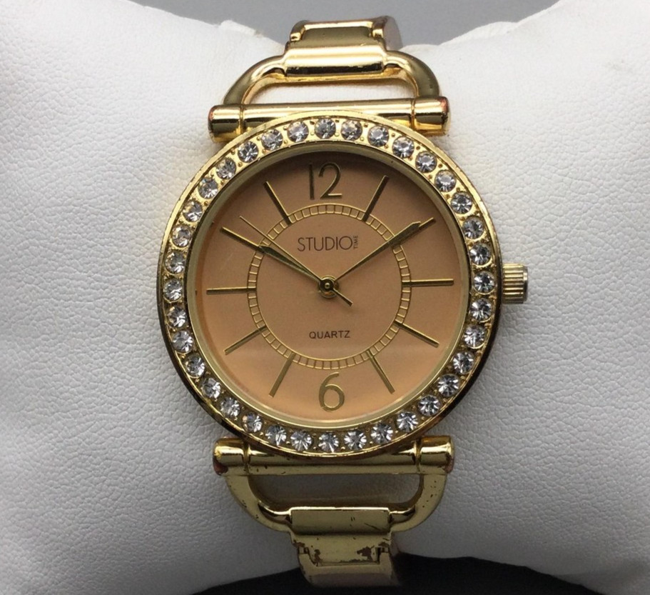 Studio Womens 34mm Gold Tone Hinged Bangle Cuff Watch Rhinestone New Battery