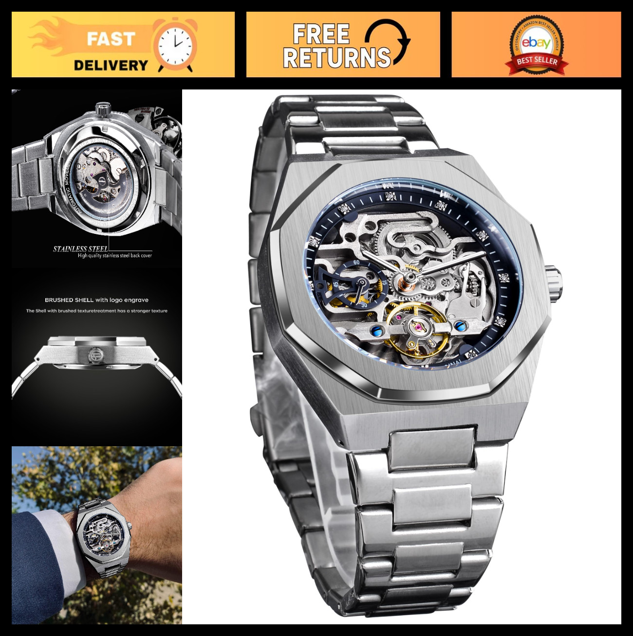 Vintage Men’s Automatic Mechanical Watch – Big Dial, Luminous Moon Phase, Hollow