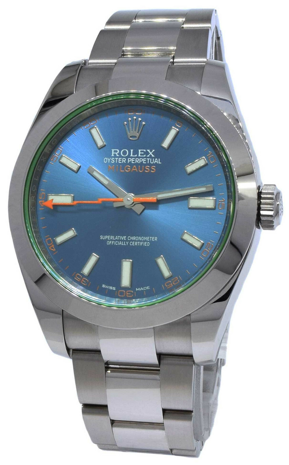 Rolex Milgauss Steel Blue Dial Green Crystal Mens 40mm Watch +Card ’21 116400